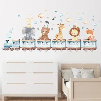 Produktbild von Wandtattoo mit Waldtieren,Elefant,Bär,Giraffe,Fuchs,Löwe im Zug mit Wolken und Sternen,Wandsticker für Kinderzimmer