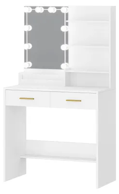 Imagen del producto de Tocador con iluminación LED, con espejo, 2 cajones, 4 estantes y 2 compartimentos. Color blanco