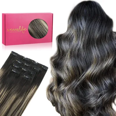Produktbild von Clip in Extensions Echthaar 80g 50cm Balayage Schwarz bis Hellblond