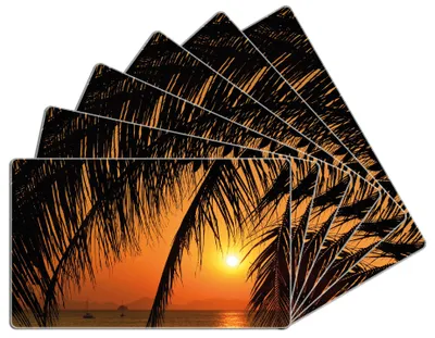 Produktbild von Wallario Frühstücksbrettchen 6er Set aus Glas, je 14 x 23 cm, mit rutschfesten Füßen, Motiv Sonnenuntergang unter Palmenblättern