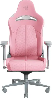 A pink gaming chair is shown from the front against a white background.