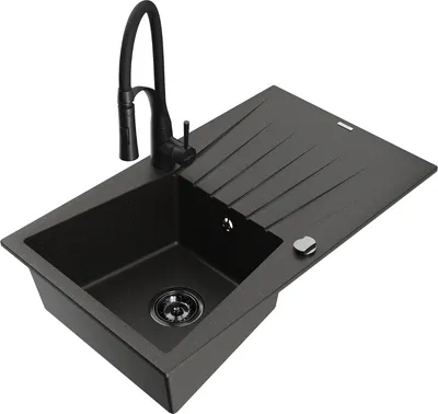 Produktbild von Mexen Cesar 1 Becken-Granitspüle mit Abtropffläche und Mischbatterie Aster, Schwarz/Gold metallisch - 6514-75-73450-70-B