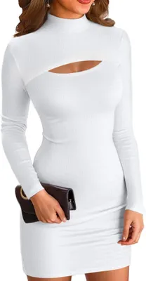 Imagen del producto de Vestido corto ajustado de manga larga, cuello redondo acanalado, color blanco