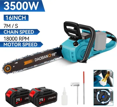 Zdjęcie produktu dla Piła łańcuchowa akumulatorowa – bezszczotkowa, prowadnica 40 cm – automatyczne smarowanie łańcucha – 2 akumulatory – niebieska