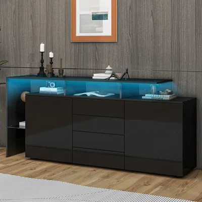 Productafbeelding van Kast, dressoir, LED-verlichting, woonkamer meubels, hoogglanzend, staande kast, tv-meubel, hoge kast, multifunctionele kast, buffetkast