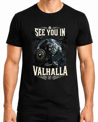 Imagen del producto de Camiseta negra, talla L, con el diseño "Nos vemos en Valhalla: Vikingo, Guerrero, Odín, Valknut, Runas, Nórdico, Hacha, Señores"