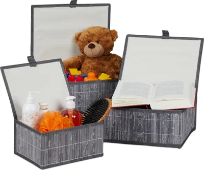 Image de Lot de 3 paniers de rangement Relaxdays, avec couvercle et insert en tissu, bambou, salle de bain, jouets, boîte de rangement, 3 tailles, gris