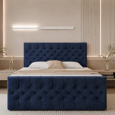 Produktbild von GOLDSTOFF TAURIEL Boxspringbett 160x200cm mit Federkernmatratze & Topper | Bett mit Stauraum & 2 Bettschubladen | Samt (DunkelBlau)