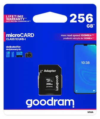 Zdjęcie produktu dla Goodram M1AA, 256 GB, MicroSDXC, Klasa 10, UHS-I, 100 MB/s, 10 MB/s