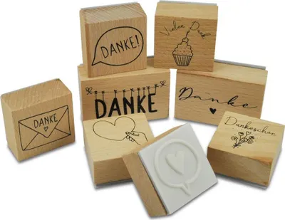 Produktbild von Meyco Holz Stempelset 8tlg "Danke" - 4x4 / 6,2x4 cm