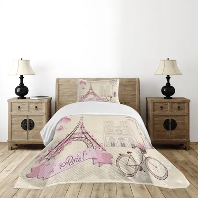 Immagine prodotto di Set copriletto ABAKUHAUS Kuss, Francia romantica capitale simbolo attrazione Torre Eiffel bicicletta palloncino, 170 x 220 cm, rosa