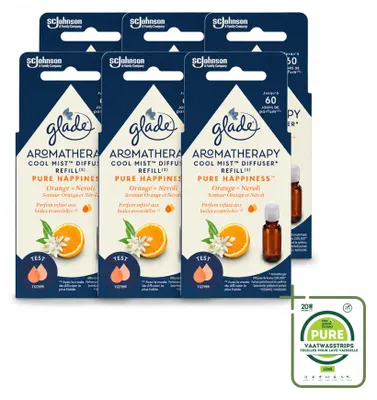 Imagen del producto de 6 unidades de recambio de aceite esencial Glade Aromatherapy, fragancia "Pure Happiness", con notas de naranja y neroli, de 17,4 ml cada una. Paquete grande