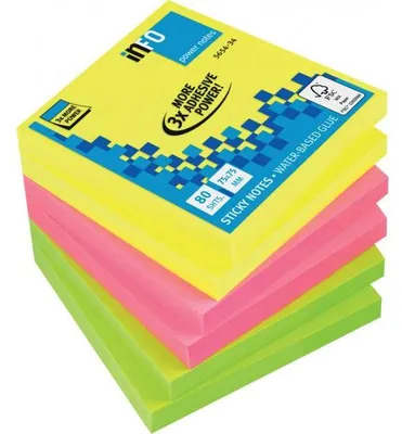 Produktbild von Haftnotiz, Recycling, 75 x 75 mm, neon gelb, pink, grün, 80 Blatt/Block, 6 Blöcke