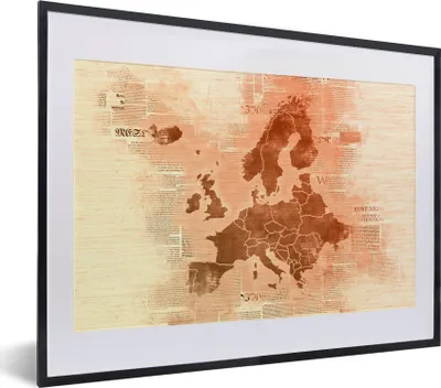 Produktbild von MuchoWow® MuchoWow® Gerahmtes Poster Karte von Europa - Zeitung - Orange 40x30 cm - Poster mit zchwarzem Bilderrahmen - Bilderrahmen - Poster im Rahmen