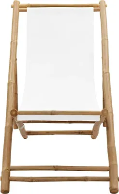 A white canvas deck chair with a bamboo frame, shown from the front on a white background.