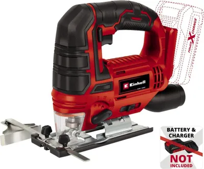 A red and black Einhell cordless jigsaw is shown against a white background. A dashed outline of a battery and charger is superimposed on the right side of the image, with text indicating they are not included.