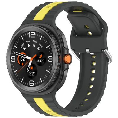 Produktbild von FFO2World Silikonarmband für Samsung Galaxy Watch 8/8 Classic – Zweifarbig mit Stiftverschluss – Passend für 40/44/46 mm – Schwarz/Gelb