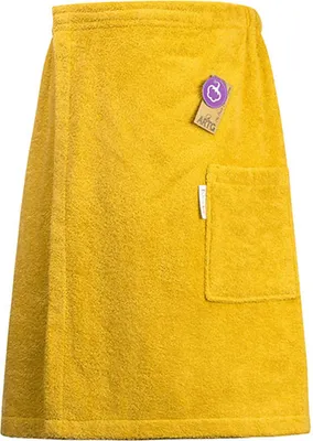 A yellow towel kilt with a pocket and a tag.