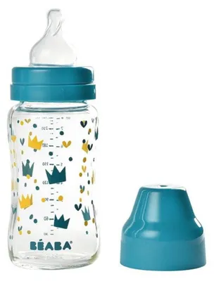 Immagine prodotto di BÉABA, biberon in vetro per neonati, 240 ml, giallo/blu, con decorazione a , senza , adatto dai 0 mesi in su
