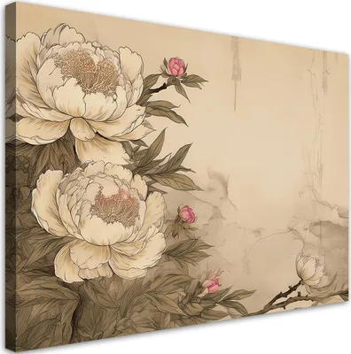 Produktbild von Leinwandbild Pfingstrosen Retro-Blumen Beige 120x80 Feeby Beige bild für die wand bereit zum aufhängen