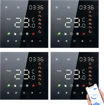 Four digital thermostats are displayed in a collage, with one showing a smartphone interface.