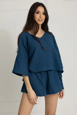 Produktbild von Dolce Sonno Damen Musselin Pyjama Set - 2-teilig, Kurzarm Schlafanzug aus 100% Baumwolle, Sommer Nachtwäsche – Modell Alice in Poseidon, Größe S