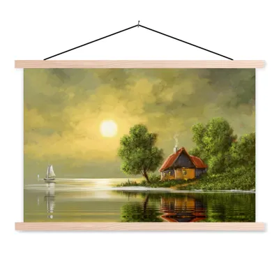 Produktbild von MuchoWow® Textilposter Gemälde - Ölfarbe - Haus - Natur - Wasser 120x80 cm mit holzfarbenen Rahmen - Aufhängeset