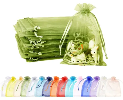 Imagen del producto de Bolsas de organza, 10 x 15 cm, color verde oliva, con cordón, para pequeños regalos