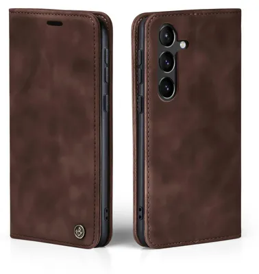 A dark brown flip cover phone case for a Samsung Galaxy S23 FE is shown from two angles.