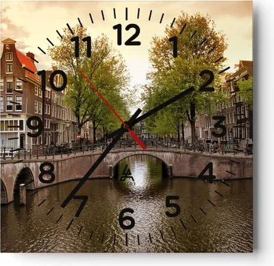 Produktbild von Wanduhr - Quadrat - Glasuhr - Kanal Wasser Amsterdam Fahrrad - 30x30cm - Schleichendes Uhrwerk - Lautlos - zum Aufhängen bereit - Dekoration Modern - Wanddekoration aus Glas - C4AC30x30-2697