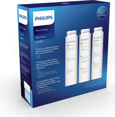 A product box for Philips water filters, showing the packaging and three filters inside.