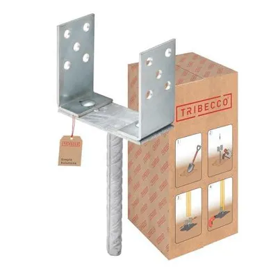 A product shot of a metal post anchor with its packaging.