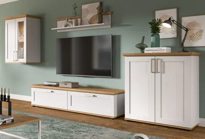 Produktbild von Wohnwand "Mirano" in weiß Lärche und Eiche Artisan Landhaus Wohnkombination 4-teilig 336 cm