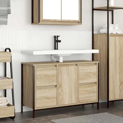 A bathroom vanity with a sink and faucet, along with storage shelving and a cabinet.