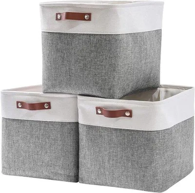 Produktbild von Famanu Aufbewahrungskörbe Set von 3 - 33x33x33 cm - Faltbare Boxen mit Griffen für Schrank und Regal - Grau Weiß