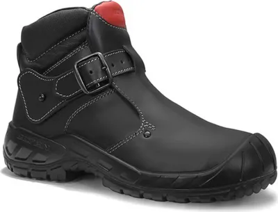 A single black work boot with a red accent on a white background.