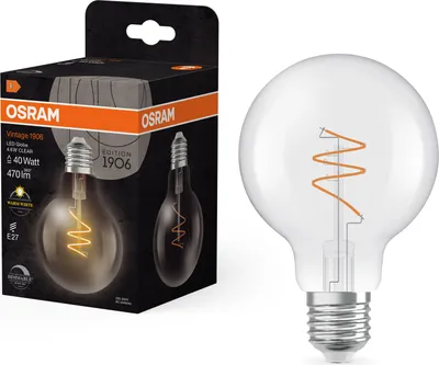 Immagine prodotto di OSRAM Vintage 1906 Globe è una lampada LED dimmerabile di colore bianco caldo, dalla classica forma a sfera con filamento a spirale. Offre 4,6 W per 470 lm, attacco E27, vetro trasparente, diametro 80 mm.