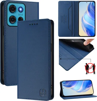 Collage of product images showing a blue leather flip wallet case for a Motorola Moto G75 phone, with close-ups of its features and a diagram.