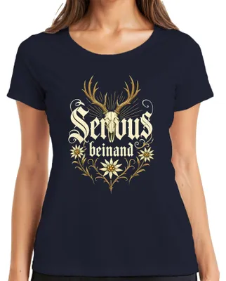 Zdjęcie produktu dla Koszulka damska "Servus", motyw: poroże jelenia, edelweiss, Bawaria, skórzane spodnie, sukienka "Dirndl", kolor: granatowy, rozmiar: XXL