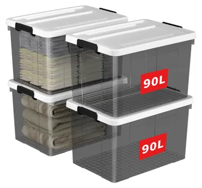 Obrázek produktu pro Sada 4 úložných boxů Cetomo o objemu 90 litrů, úložné boxy s víkem, organizátory s klipsnami, stohovatelné, zapadající do sebe, vhodné pro domácnost i kancelář, plast, průhledné černé, balení 4 kusů
