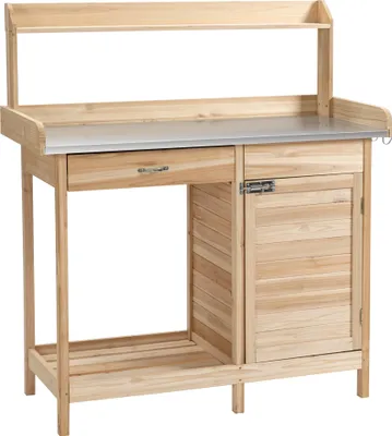 Zdjęcie produktu dla Outsunny stół do sadzenia roślin z ocynkowanym blatem stół ogrodniczy z szufladą stół ogrodniczy z litego drewna naturalny 112 x 48 x 125 cm
