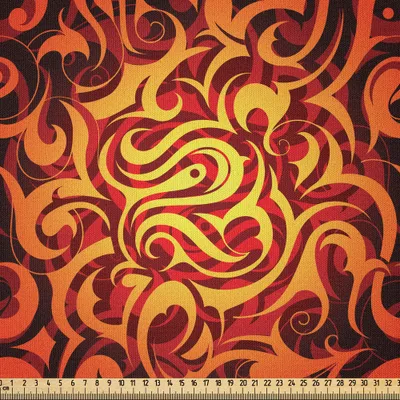 Produktbild von ABAKUHAUS Abstrakt Microfaser Stoff als Meterware , Surreales Blumenmuster mit Wirbel-Kurven-Laub-Design mit warmen Farben, 1 M (230 x 100 cm), Gelb Orange Schwarz