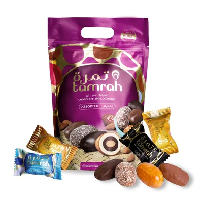 Produktbild von Tamrah Datteln, sortiert, mit Schokolade überzogen und mit Mandeln gefüllt, 600 g