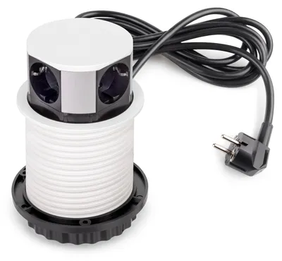 Zdjęcie produktu dla Emuca Listwa zasilająca z gniazdkami Vertikal Push średnica 100 mm, 3 wtyczki typu Schuko, 1 USB typu A, 1 USB typu C, Stal i Plastik, Malowane na biało