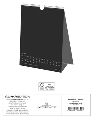 Produktbild von Alpha Edition - Kreativ-Kalender Tischaufsteller Hoch Schwarz 2026 - Bastelkalender 16×20 cm mit weißer Schrift, zum Aufstellen & Aufhängen, ideal für Fotos & kreative DIY-Geschenke