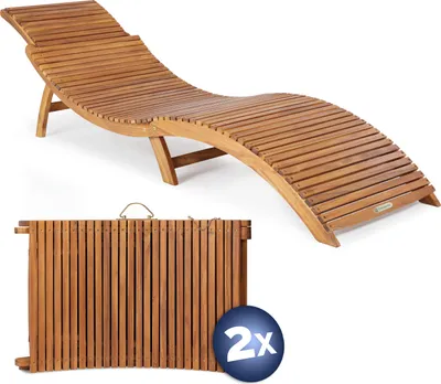 Image de Casaria 2x Chaise longue en bois d'acacia Pliable 160kg Poignée transport Chaise longue jardin Ergonomique Chaise bois Fonction valise Certifié FSC