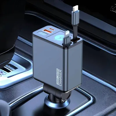 Autolader 192 W, 4-in-1, intrekbaar, 2 Kabel 90 cm, USB-C