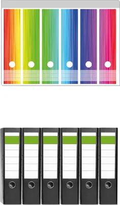 Produktbild von Wallario 6 Stück breite Ordner inkl. Klebeetiketten mit Motive Regenbogenmuster - Farben rot, gelb, grün, blau, pink und rot -  Set mit Rückenschildern / Ordnerrücken Stickern
