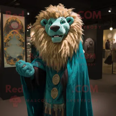 Produktbild von Blaugrüner REDBROKOLY Löwe Maskottchen Kostüm charakter bekleidet mit Abendkleid und Schalnadeln