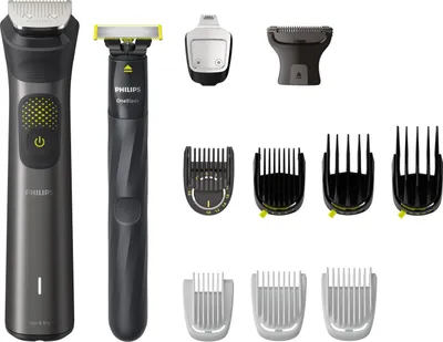 A collection of grooming tools and accessories, including two electric shavers and various attachments, laid out against a white background.